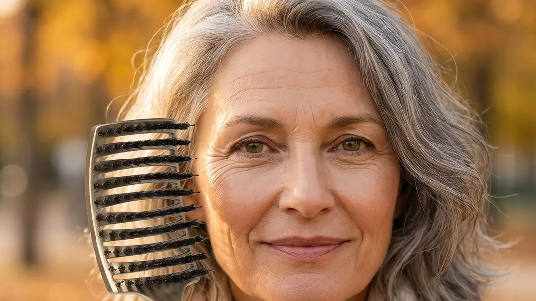 Femme aux cheveux gris dans un parc en automne, brosse démêlante GMH à la main