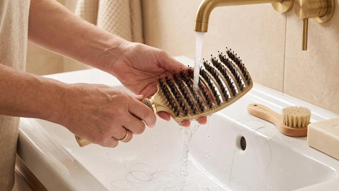 Brosse à cheveux dorée à picots souples posée sur un lavabo en marbre clair, entourée d'un peu d'eau tiède et d'une serviette blanche