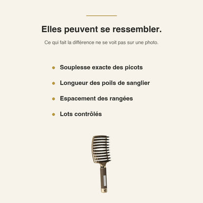 Elles peuvent se ressembler : ce qui fait la différence ne se voit pas sur une photo — souplesse exacte des picots, longueur des poils de sanglier, espacement des rangées, lots contrôlés.