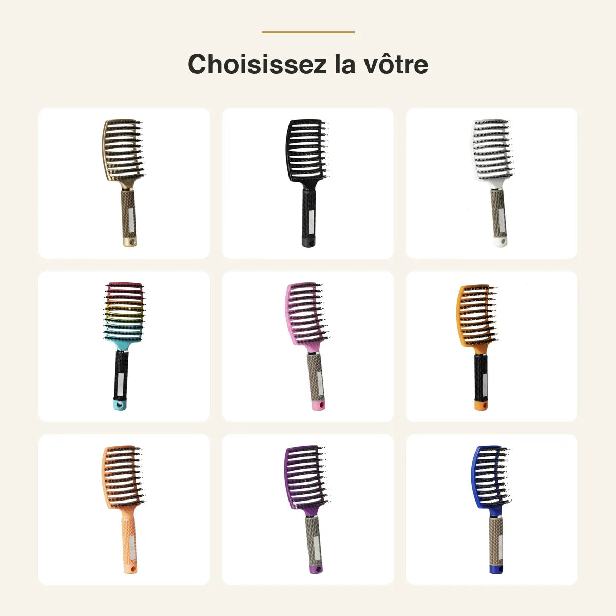 Choisissez la vôtre : la brosse démêlante GMH existe en 9 coloris — or, noir, blanc, multicolore, rose, orange, orange clair, violet et bleu.