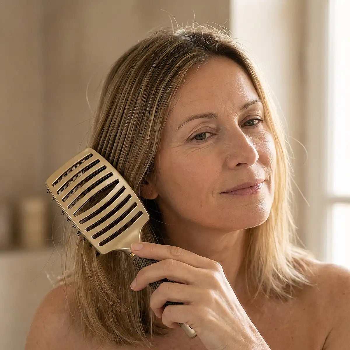 Femme d'une cinquantaine d'annees demelant ses cheveux fins avec la brosse GMH, visage detendu : demele sans tirer