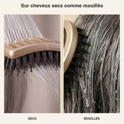 La brosse GMH s'utilise sur cheveux secs comme mouillés : à gauche des pointes sèches démêlées, à droite les picots dans des mèches mouillées.