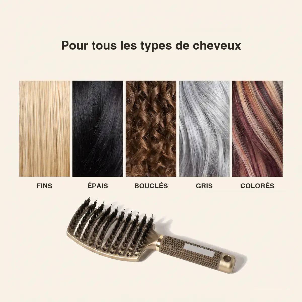 Pour tous les types de cheveux : fins, épais, bouclés, gris, colorés — brosse démêlante GMH.