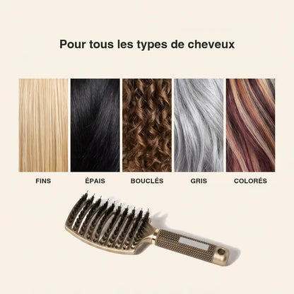 Pour tous les types de cheveux : fins, épais, bouclés, gris, colorés — brosse démêlante GMH.