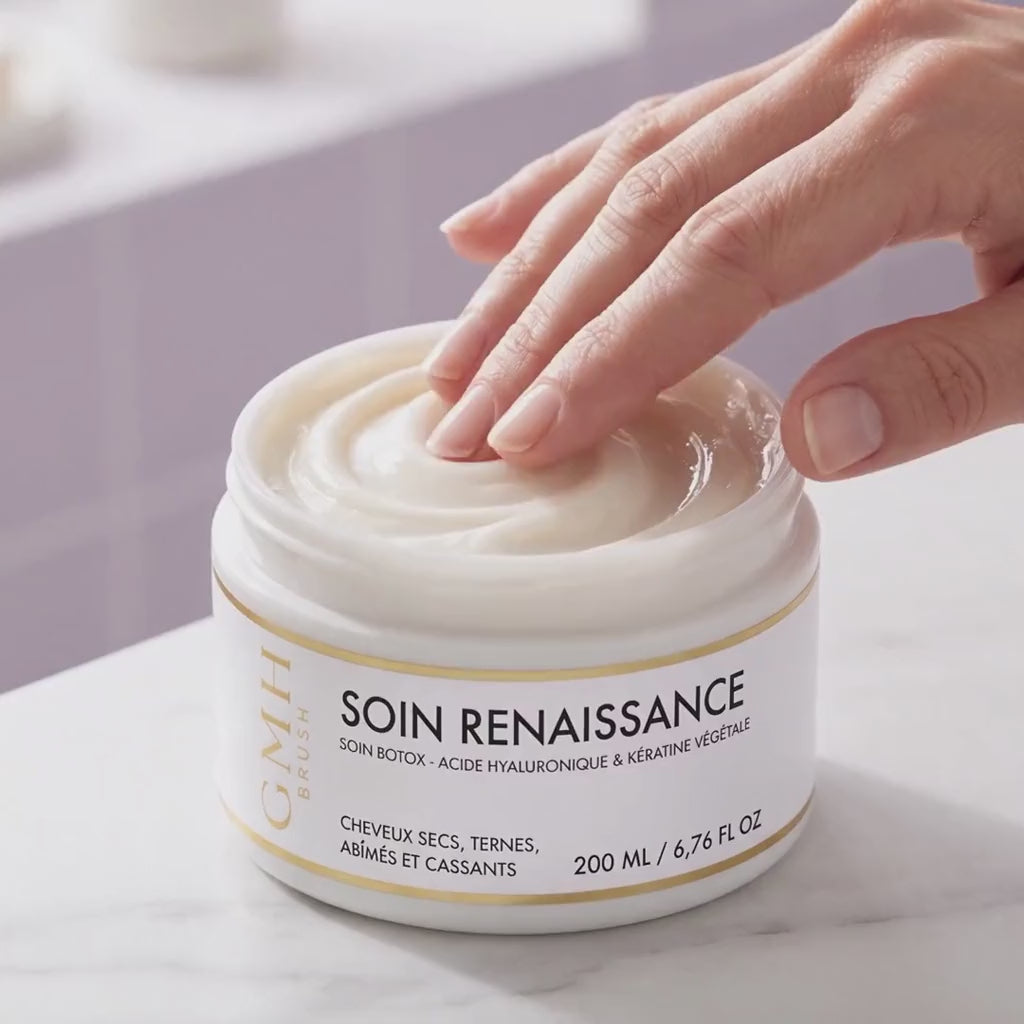 Application du Soin Renaissance GMH : crème appliquée sur longueurs humides, démêlage à la brosse GMH, rinçage, cheveux doux et brillants