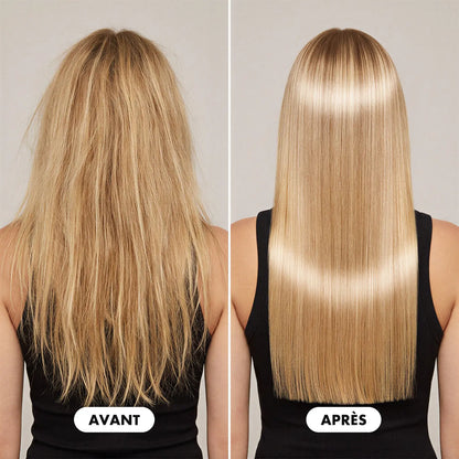 Illustration avant / après : longueurs blondes sèches et abîmées, puis lisses avec effet miroir