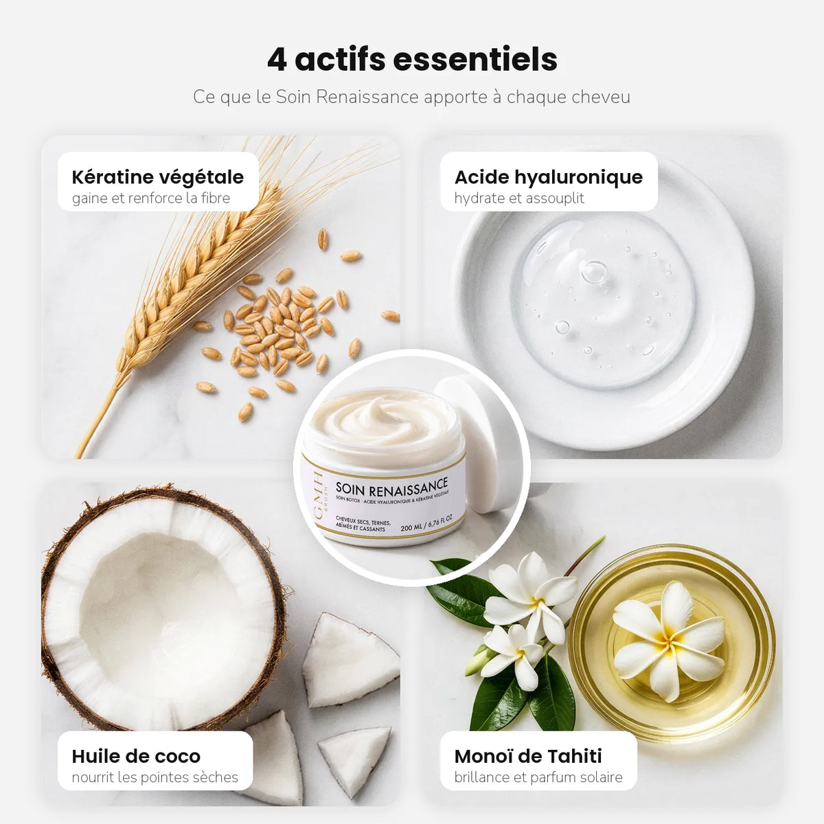 4 actifs essentiels du Soin Renaissance GMH : kératine végétale, acide hyaluronique, huile de coco et monoï de Tahiti